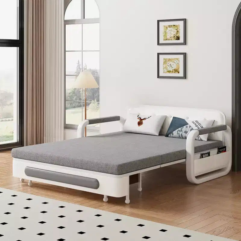 Divano Letto Convertibile a 2 Posti in Lino Beige con Contenitore, 152 cm