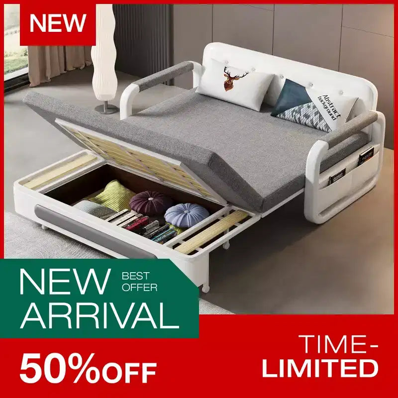 Divano Letto Convertibile a 2 Posti in Lino Beige con Contenitore, 152 cm