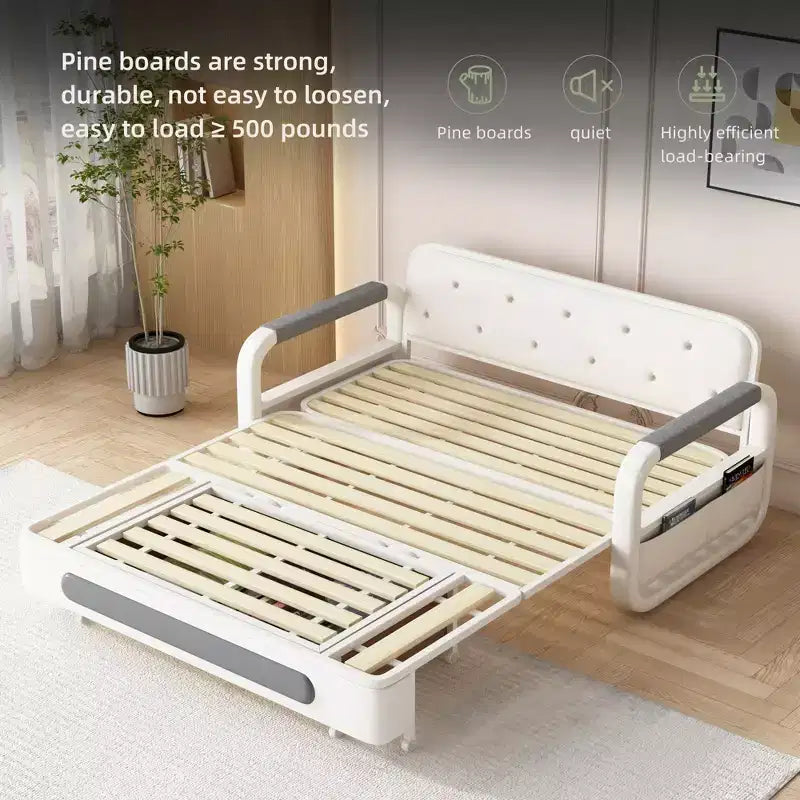 Divano Letto Convertibile a 2 Posti in Lino Beige con Contenitore, 152 cm