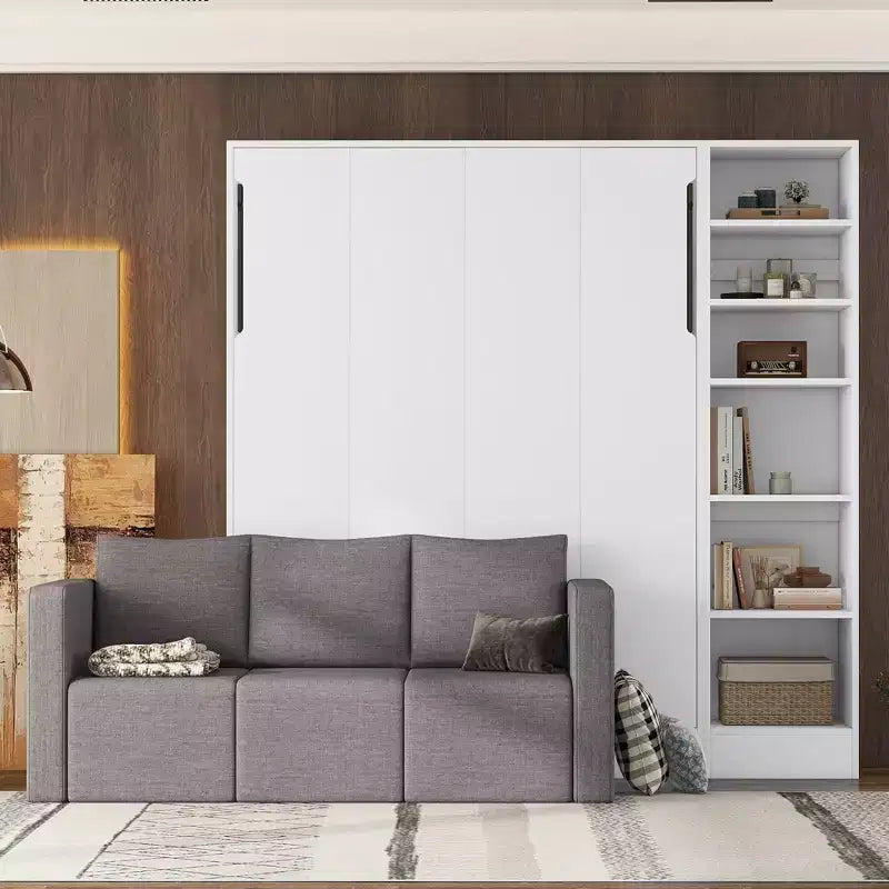 Letto a scomparsa matrimoniale/singolo con divano a 2/3 posti e ripiani, bianco+grigio, 1 posto letto