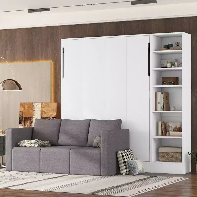 Letto a scomparsa matrimoniale/singolo con divano a 2/3 posti e ripiani, bianco+grigio, 1 posto letto
