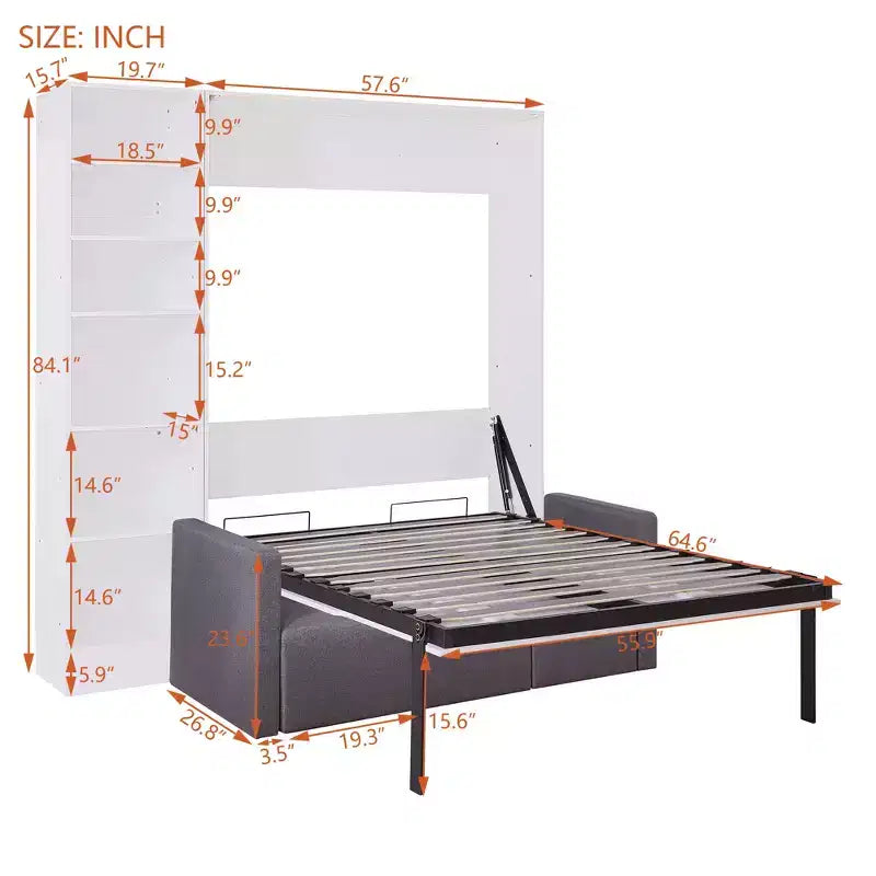 Letto a scomparsa matrimoniale/singolo con divano a 2/3 posti e ripiani, bianco+grigio, 1 posto letto
