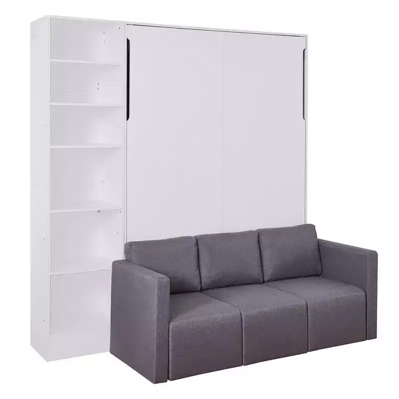 Letto a scomparsa matrimoniale/singolo con divano a 2/3 posti e ripiani, bianco+grigio, 1 posto letto