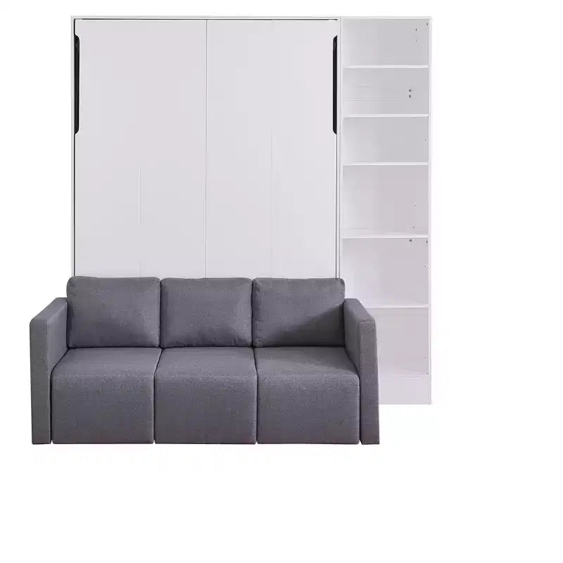 Letto a scomparsa matrimoniale/singolo con divano a 2/3 posti e ripiani, bianco+grigio, 1 posto letto
