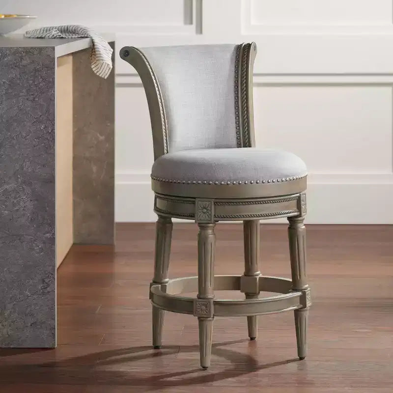 Sgabello da bancone tradizionale girevole, schienale alto, colore cenere e rovere, 1 posto