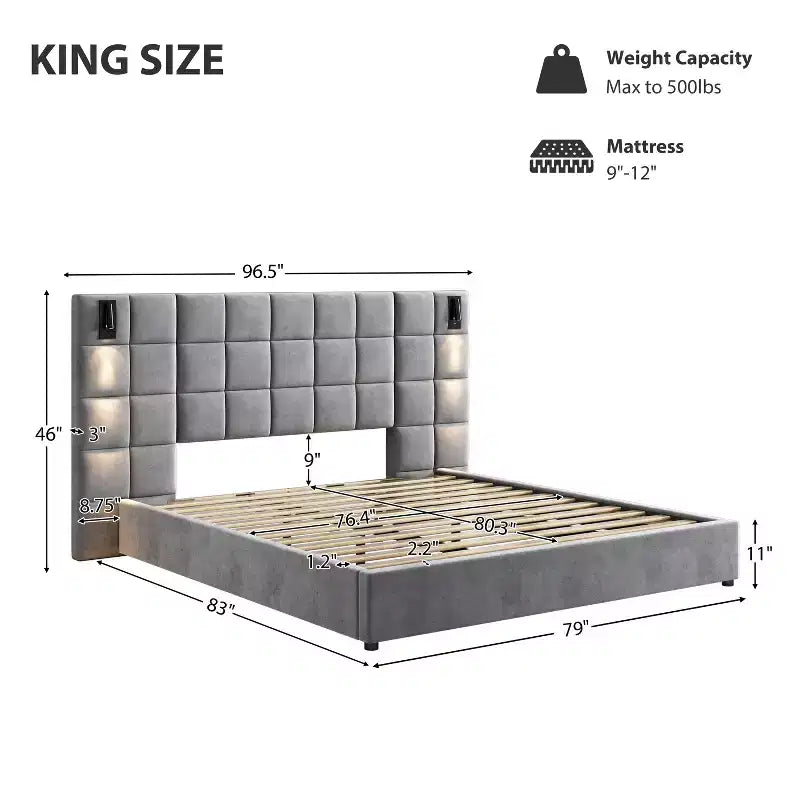 Telaio letto a piattaforma imbottito in velluto grigio con luce da lettura a LED e porta USB, King/Queen, 1-2 persone