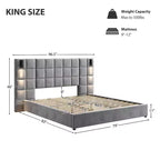 Telaio letto a piattaforma imbottito in velluto grigio con luce da lettura a LED e porta USB, King/Queen, 1-2 persone
