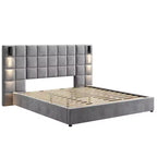 Telaio letto a piattaforma imbottito in velluto grigio con luce da lettura a LED e porta USB, King/Queen, 1-2 persone
