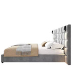 Telaio letto a piattaforma imbottito in velluto grigio con luce da lettura a LED e porta USB, King/Queen, 1-2 persone