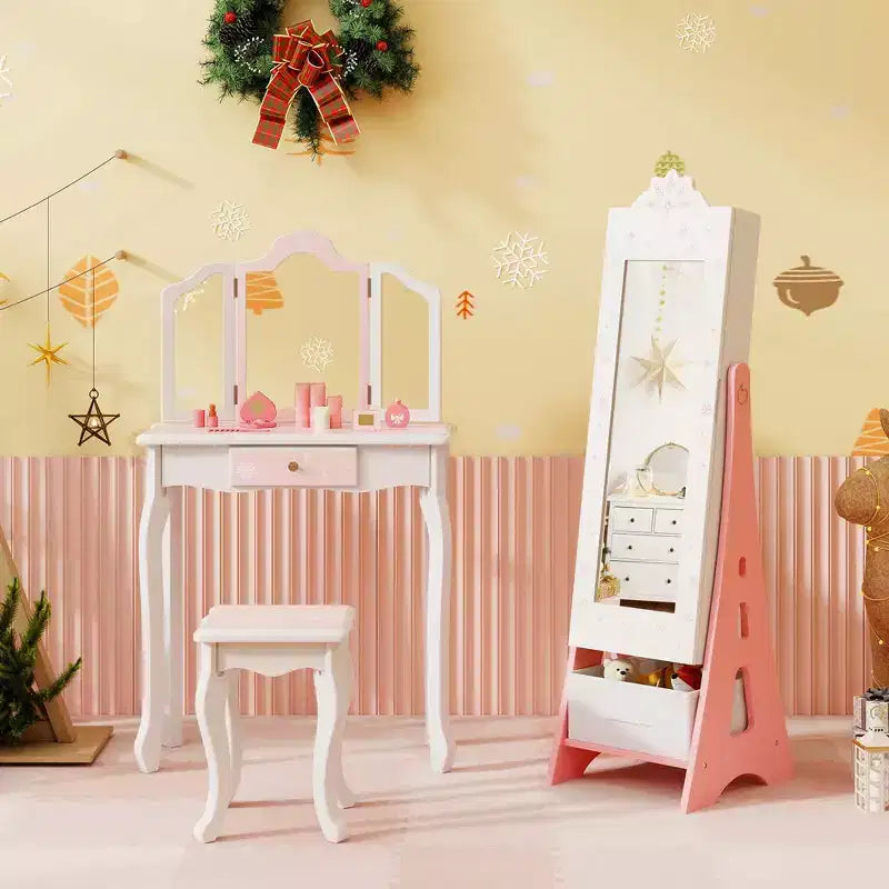 Set Toeletta per Bambini Rosa/Bianco con Portagioie & Sgabello, per 1 Bambino da 3 Anni in su