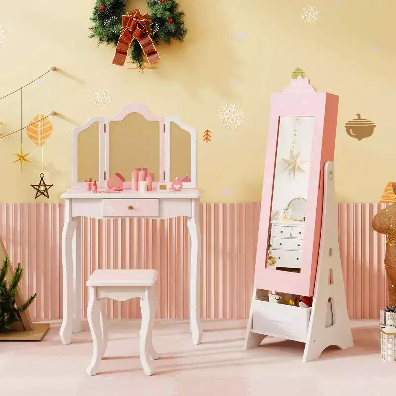 Set Toeletta per Bambini Rosa/Bianco con Portagioie & Sgabello, per 1 Bambino da 3 Anni in su
