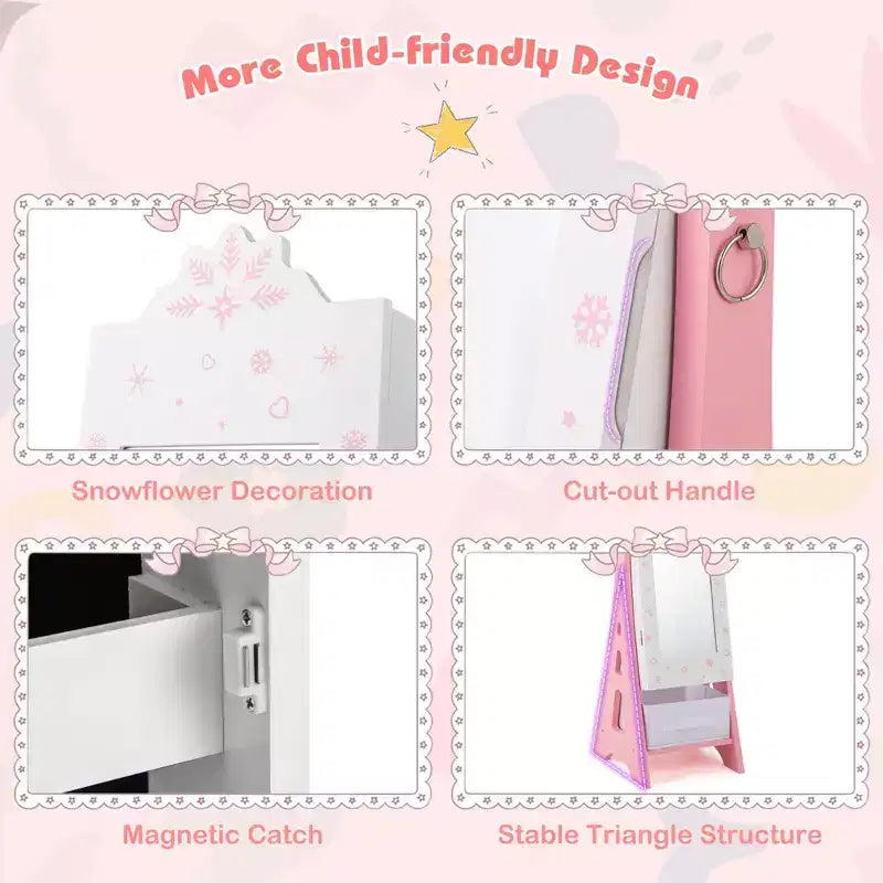 Set Toeletta per Bambini Rosa/Bianco con Portagioie & Sgabello, per 1 Bambino da 3 Anni in su