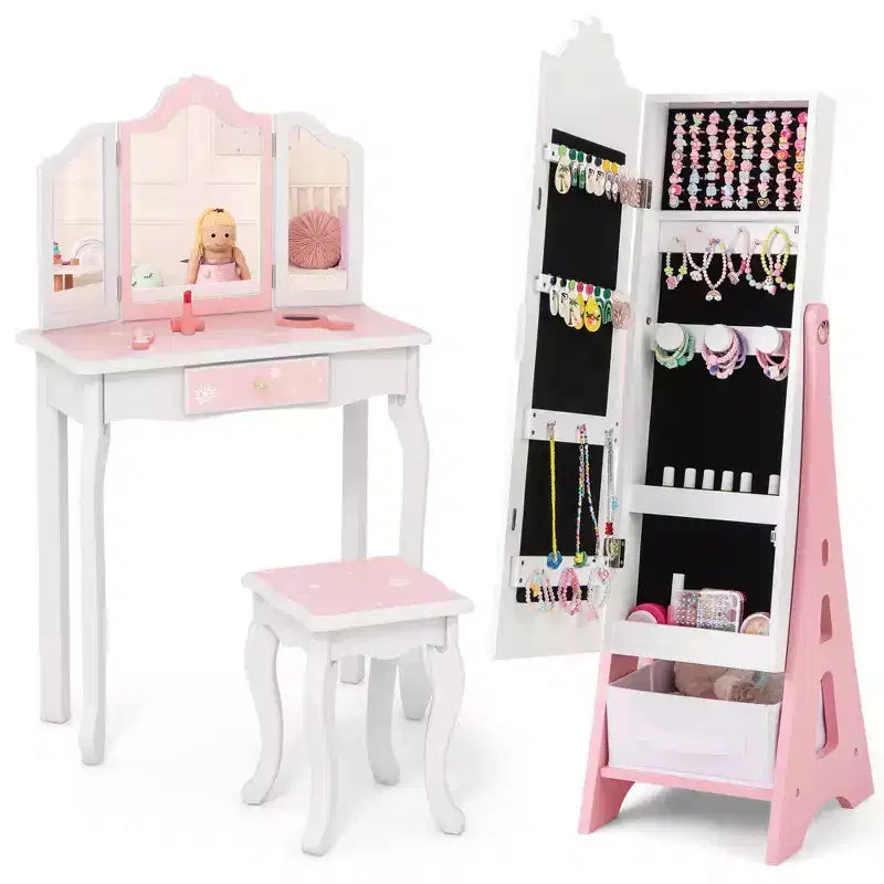 Set Toeletta per Bambini Rosa/Bianco con Portagioie & Sgabello, per 1 Bambino da 3 Anni in su
