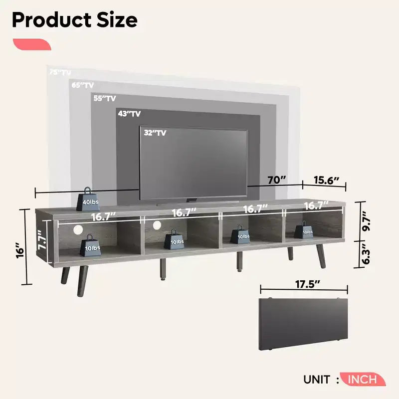 Mobile TV a basso profilo da 70" con ante scorrevoli, Nero carbone / Grigio lavato / Nero rustico, Adatto per TV fino a 75"
