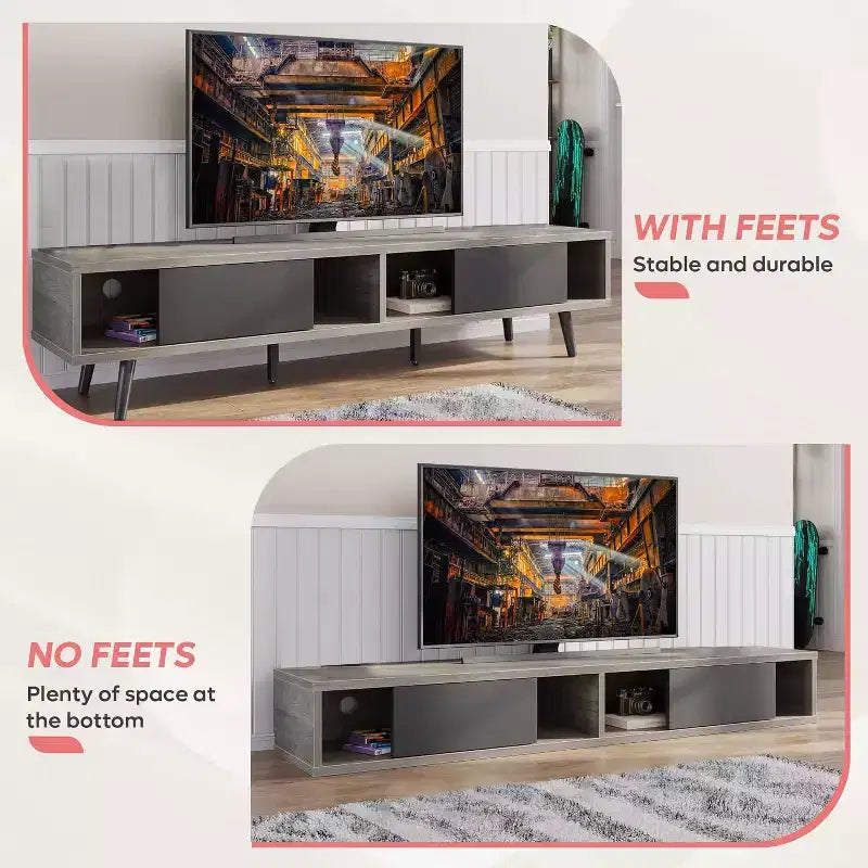 Mobile TV a basso profilo da 70" con ante scorrevoli, Nero carbone / Grigio lavato / Nero rustico, Adatto per TV fino a 75"