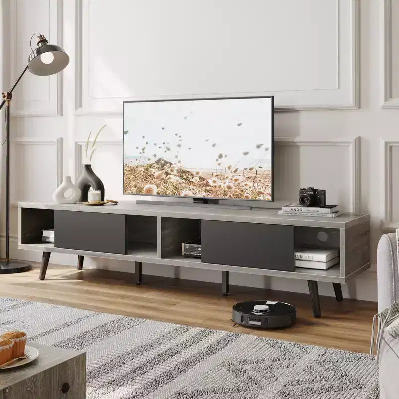 Mobile TV a basso profilo da 70" con ante scorrevoli, Nero carbone / Grigio lavato / Nero rustico, Adatto per TV fino a 75"