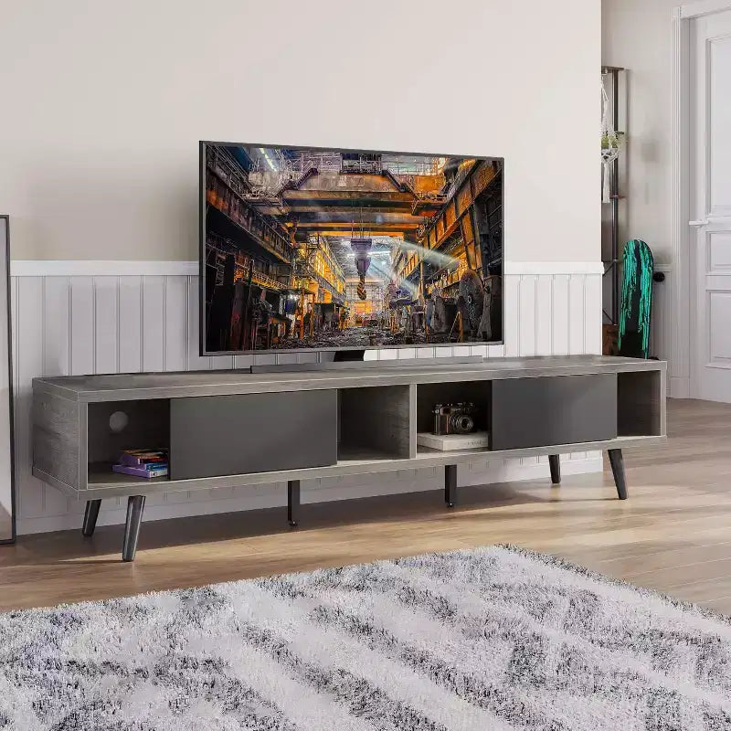 Mobile TV a basso profilo da 70" con ante scorrevoli, Nero carbone / Grigio lavato / Nero rustico, Adatto per TV fino a 75"