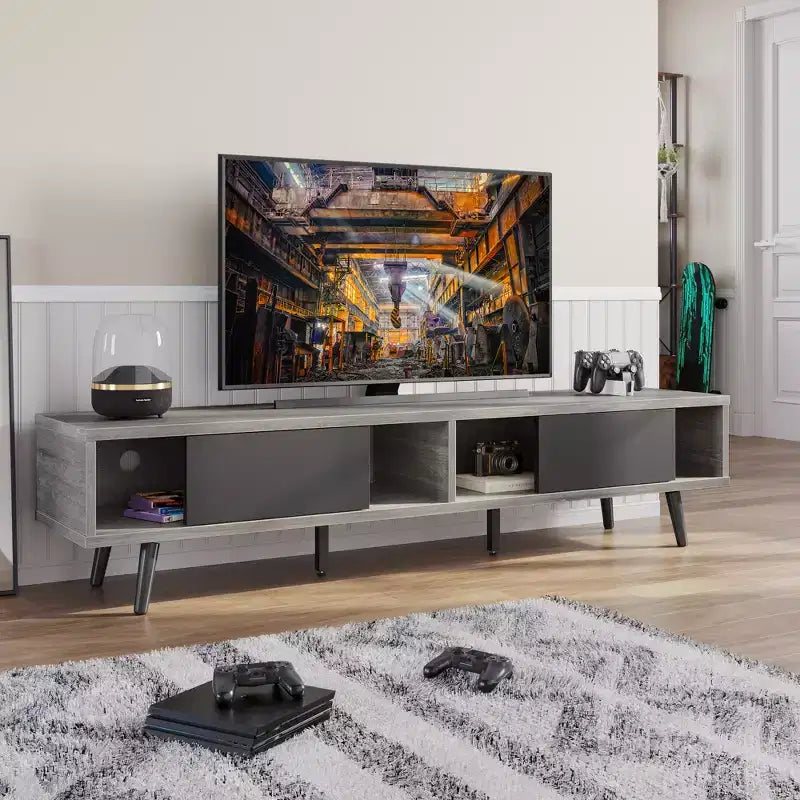 Mobile TV a basso profilo da 70" con ante scorrevoli, Nero carbone / Grigio lavato / Nero rustico, Adatto per TV fino a 75"
