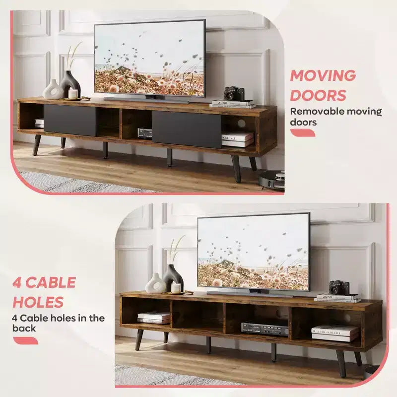 Mobile TV a basso profilo da 70" con ante scorrevoli, Nero carbone / Grigio lavato / Nero rustico, Adatto per TV fino a 75"