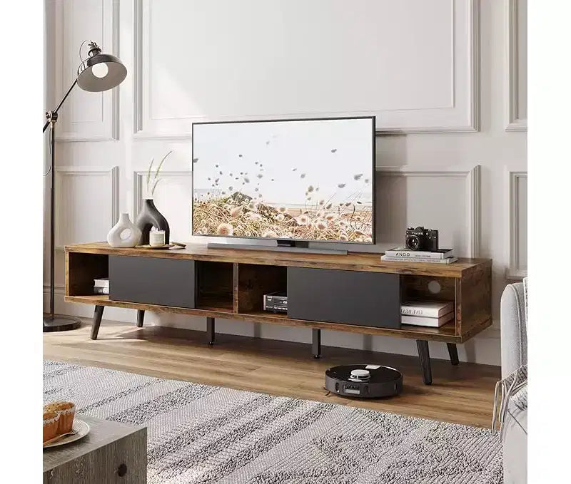 Mobile TV a basso profilo da 70" con ante scorrevoli, Nero carbone / Grigio lavato / Nero rustico, Adatto per TV fino a 75"