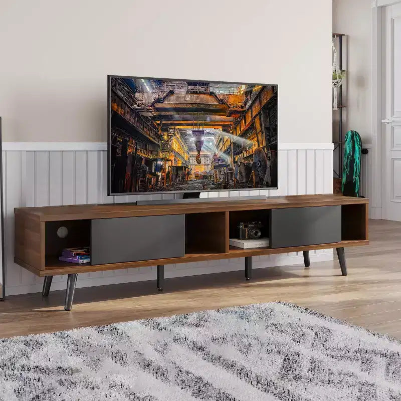 Mobile TV a basso profilo da 70" con ante scorrevoli, Nero carbone / Grigio lavato / Nero rustico, Adatto per TV fino a 75"