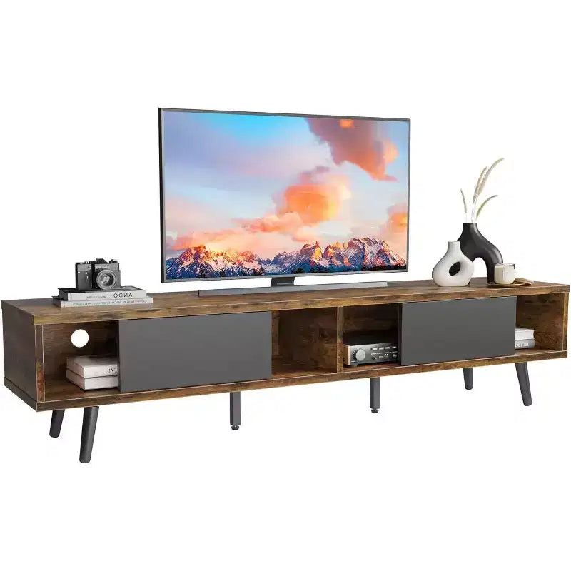 Mobile TV a basso profilo da 70" con ante scorrevoli, Nero carbone / Grigio lavato / Nero rustico, Adatto per TV fino a 75"