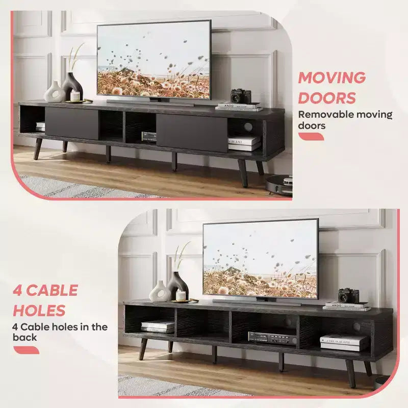Mobile TV a basso profilo da 70" con ante scorrevoli, Nero carbone / Grigio lavato / Nero rustico, Adatto per TV fino a 75"