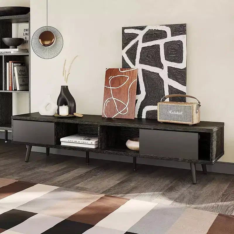 Mobile TV a basso profilo da 70" con ante scorrevoli, Nero carbone / Grigio lavato / Nero rustico, Adatto per TV fino a 75"
