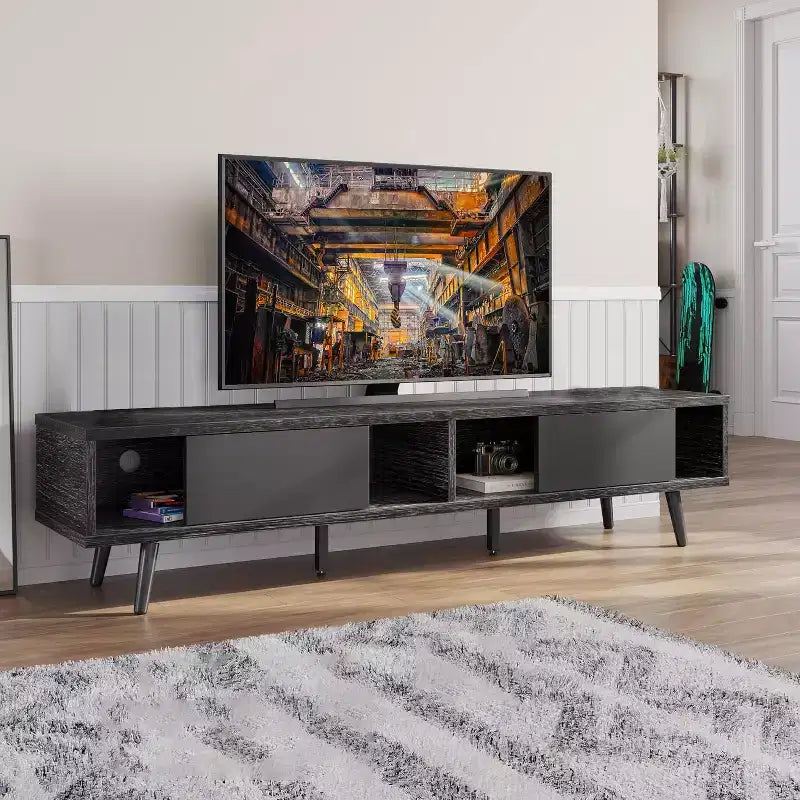 Mobile TV a basso profilo da 70" con ante scorrevoli, Nero carbone / Grigio lavato / Nero rustico, Adatto per TV fino a 75"