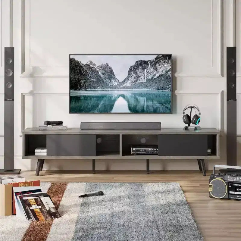 Mobile TV a basso profilo da 70" con ante scorrevoli, Nero carbone / Grigio lavato / Nero rustico, Adatto per TV fino a 75"