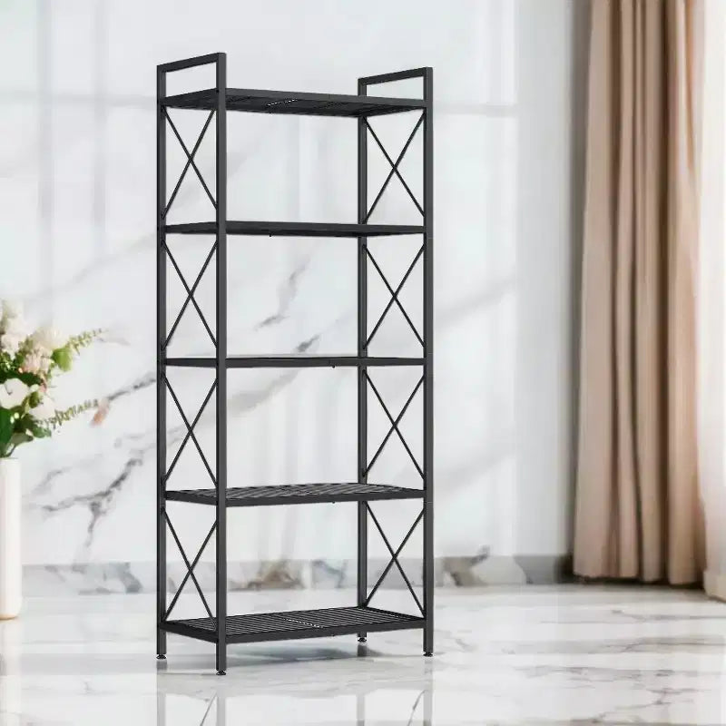 Scaffale portaoggetti in metallo nero a 5 ripiani con barre laterali a X, montaggio per utente singolo, 32 x 60 x 145,5 cm