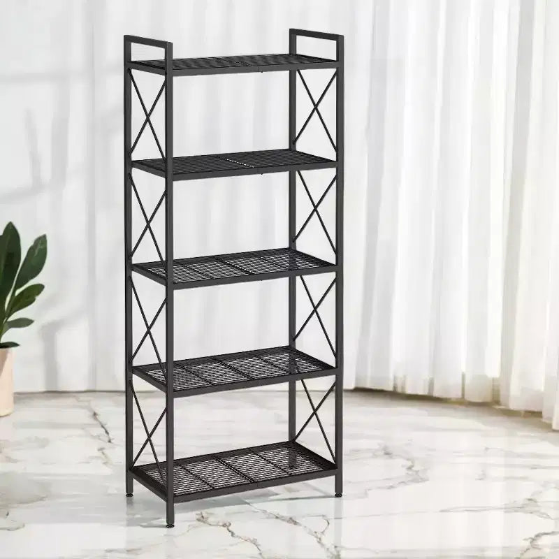 Scaffale portaoggetti in metallo nero a 5 ripiani con barre laterali a X, montaggio per utente singolo, 32 x 60 x 145,5 cm