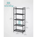 Scaffale portaoggetti in metallo nero a 5 ripiani con barre laterali a X, montaggio per utente singolo, 32 x 60 x 145,5 cm