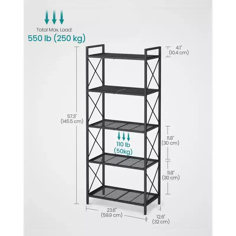 Scaffale portaoggetti in metallo nero a 5 ripiani con barre laterali a X, montaggio per utente singolo, 32 x 60 x 145,5 cm