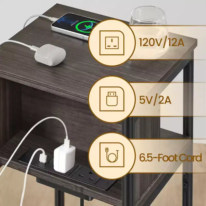 Tavolino da divano a 3 ripiani nero/marrone con porte USB e prese di corrente, per 1 persona