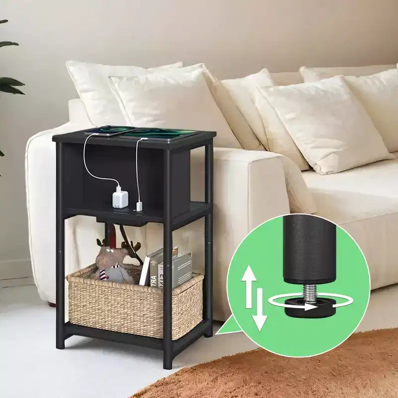Tavolino da divano a 3 ripiani nero/marrone con porte USB e prese di corrente, per 1 persona