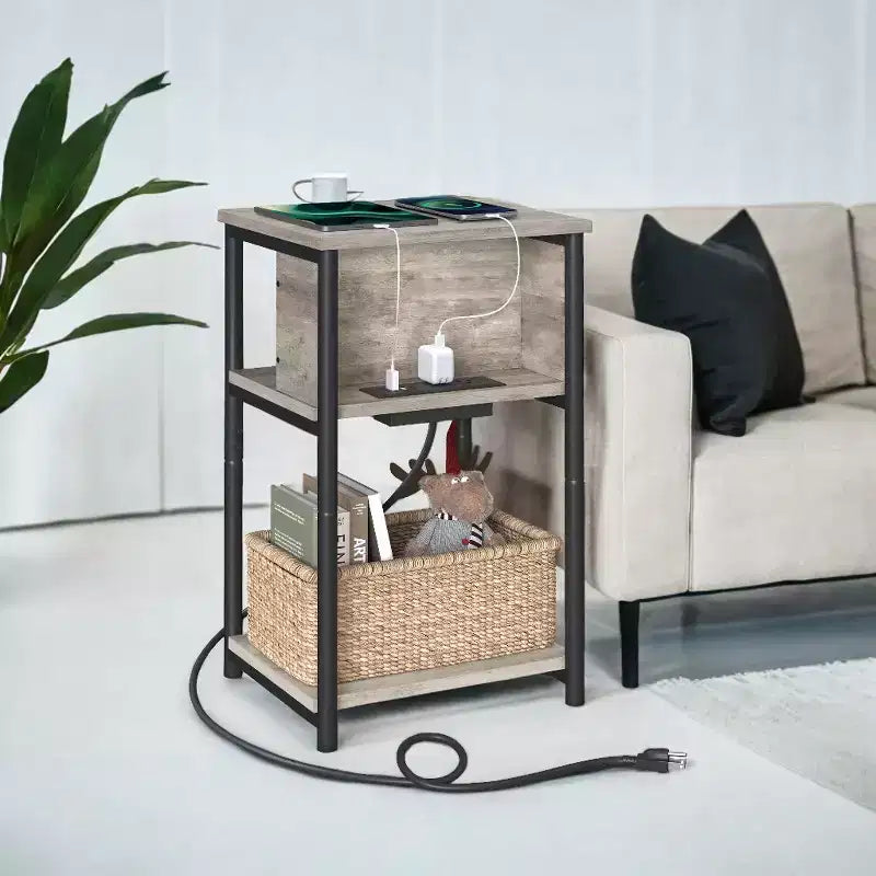 Tavolino da divano a 3 ripiani nero/marrone con porte USB e prese di corrente, per 1 persona