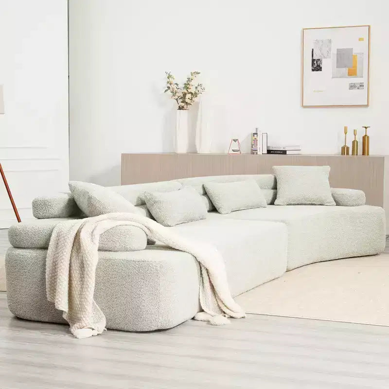 Divano Sezionale Beige Boucle a 4 Posti con Braccioli ad Arco e Doppio Schienale, Nessun Montaggio Richiesto