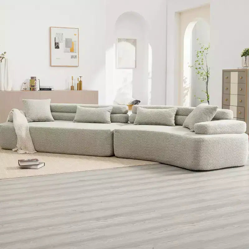 Divano Sezionale Beige Boucle a 4 Posti con Braccioli ad Arco e Doppio Schienale, Nessun Montaggio Richiesto