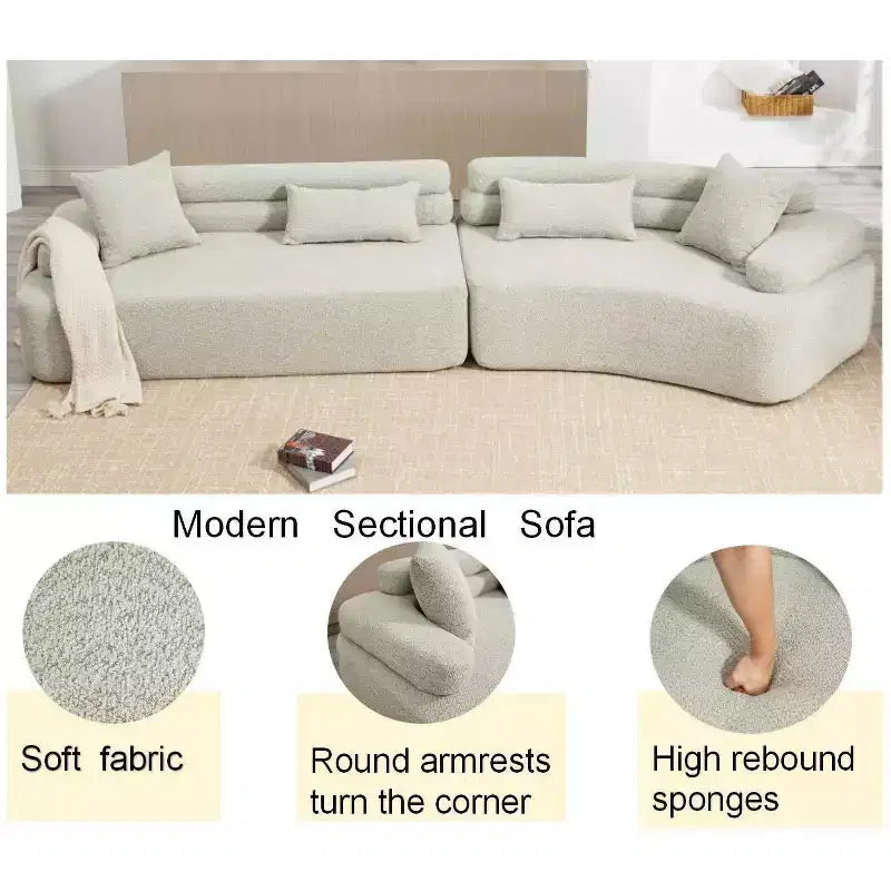 Divano Sezionale Beige Boucle a 4 Posti con Braccioli ad Arco e Doppio Schienale, Nessun Montaggio Richiesto