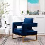 Poltrona Singola in Velluto Blu con Struttura in Metallo Dorato