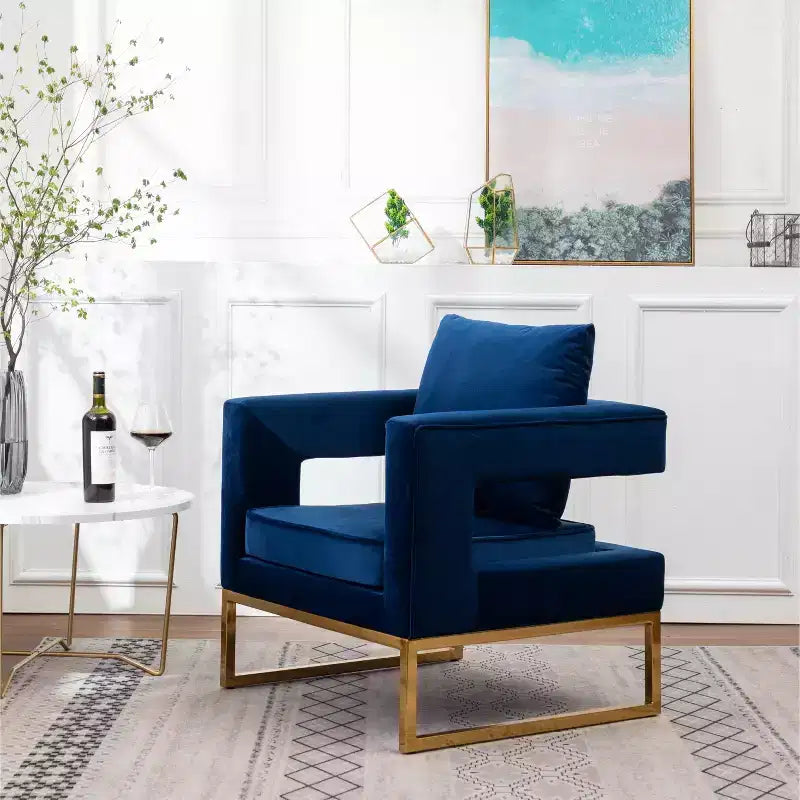 Poltrona Singola in Velluto Blu con Struttura in Metallo Dorato