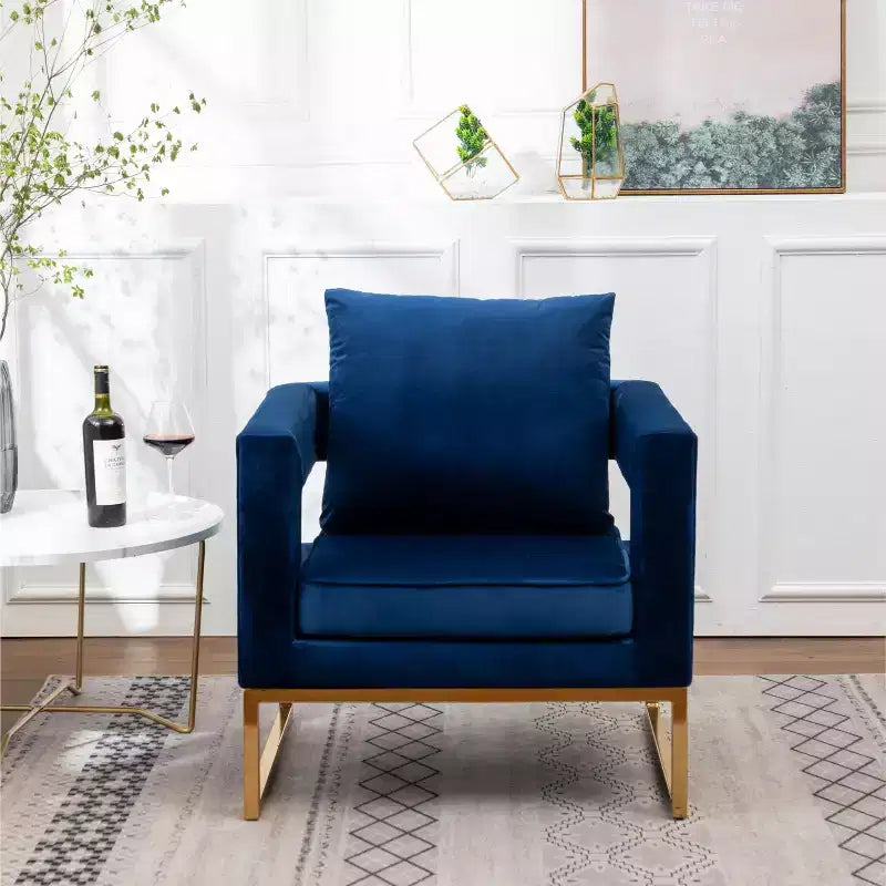 Poltrona Singola in Velluto Blu con Struttura in Metallo Dorato