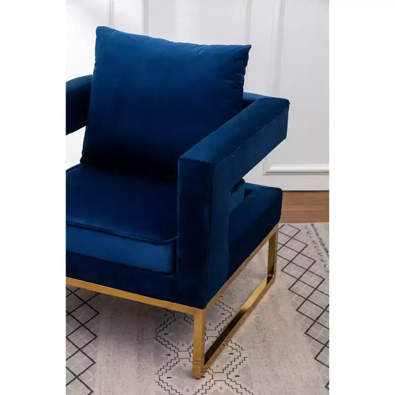 Poltrona Singola in Velluto Blu con Struttura in Metallo Dorato