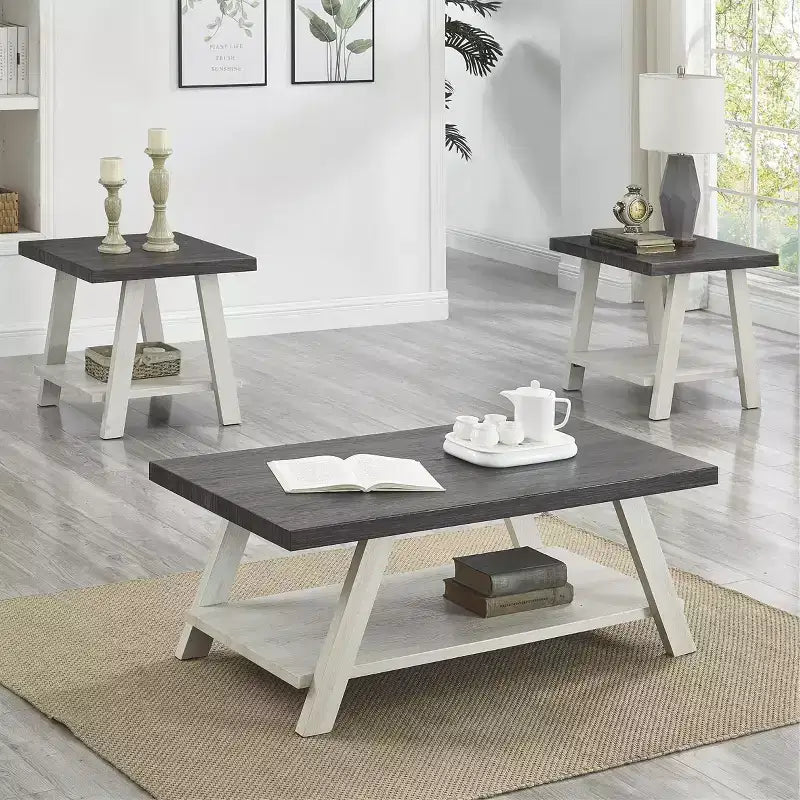Set tavolini da caffè 3 pezzi, carbone invecchiato e beige, stile contemporaneo
