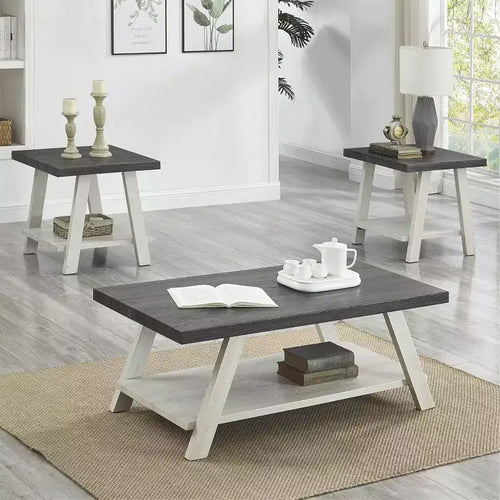 Set tavolini da caffè 3 pezzi, carbone invecchiato e beige, stile contemporaneo