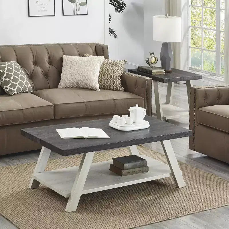 Set tavolini da caffè 3 pezzi, carbone invecchiato e beige, stile contemporaneo