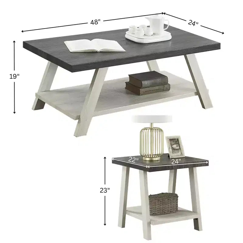 Set tavolini da caffè 3 pezzi, carbone invecchiato e beige, stile contemporaneo