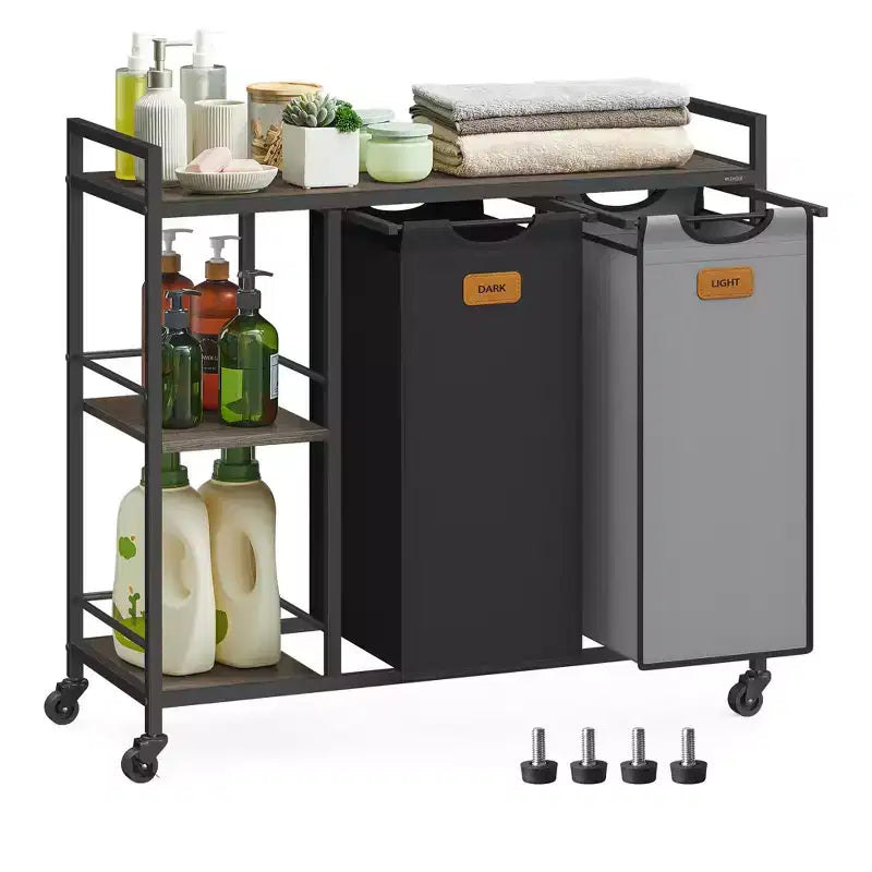 VASAGLE Laundry Hamper with 2 Compartments, 26.4 Gal. (100 L) Laundry Sorter, Rolling Laundry Cart with Shelves, Ink Black and Dove Gray