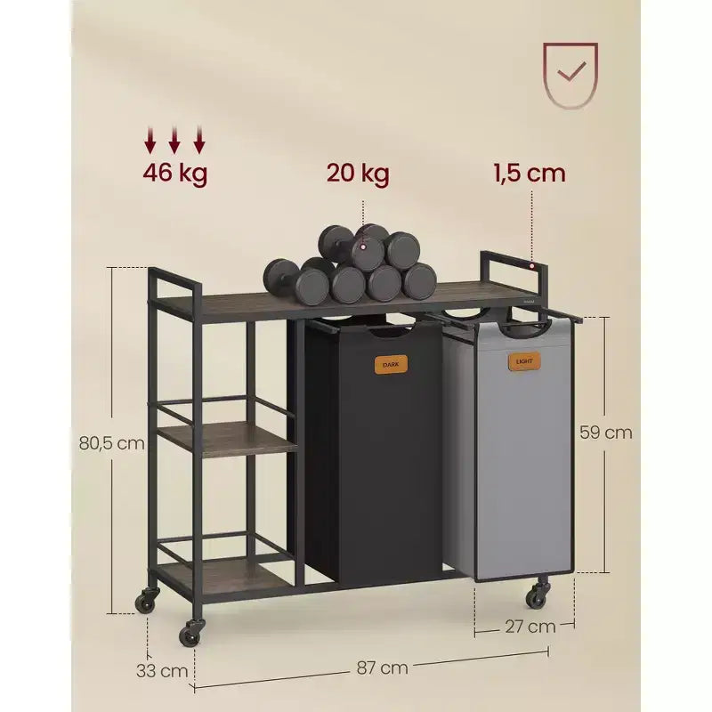 Carrello portasbiancheria a rotelle a 2 scomparti nero inchiostro e grigio tortora con ripiani